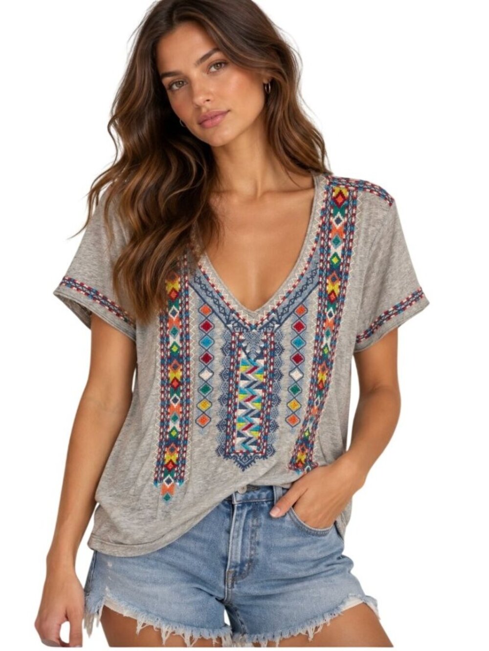 Johnny Was Gray Embroidered T-shirt Blouse - Size XS